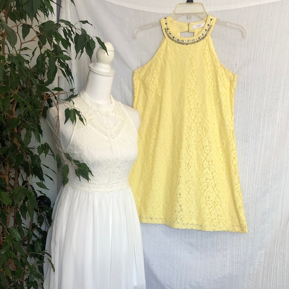 CANDIES & CHARLOTTE RUSSE size XS yellow & white lace sleeveless summer dresses